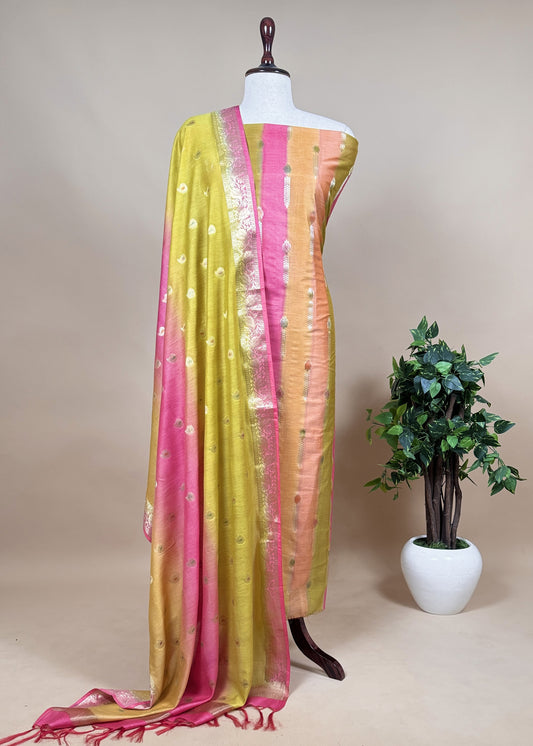 Multicolour Pure Banarasi Chanderi unstitched suit with zari weaving