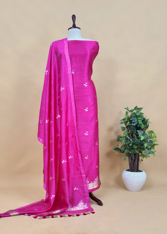 Rani Pink Designer Handloom Silk Unstitched Suit With Dupatta