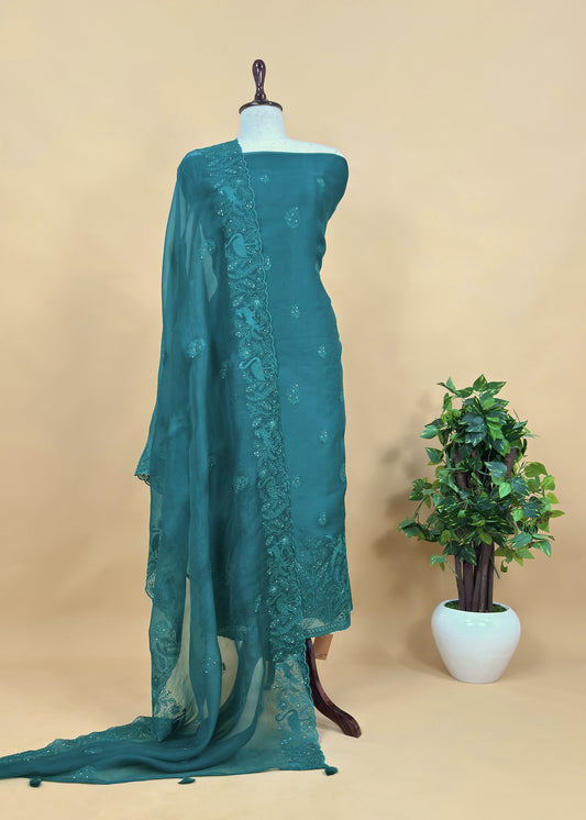 Classic  Organza Silk Suit Fabric with Parsi Flamingo Embroidery
