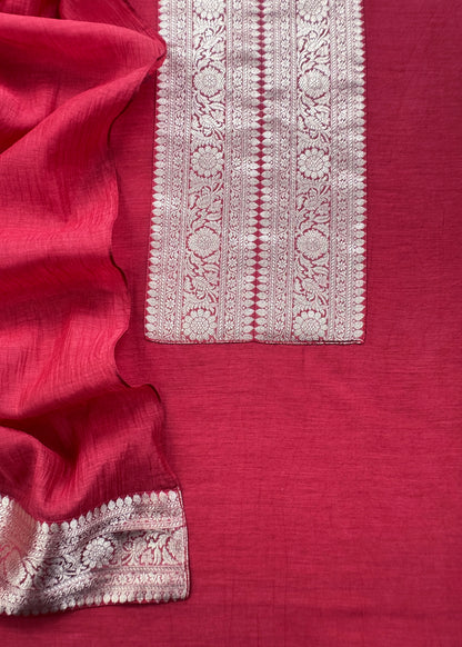 Premium quality silk unstitched suit with organza dupatta
