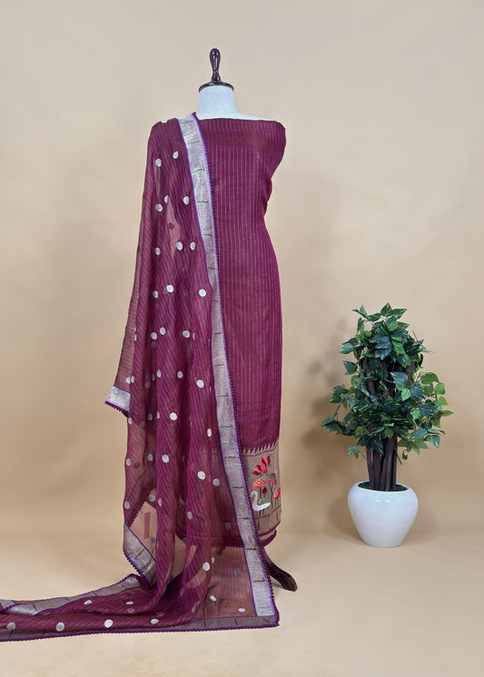 Purple Handloom Self Tissue Silk Suit Fabric with Paithani Weaving