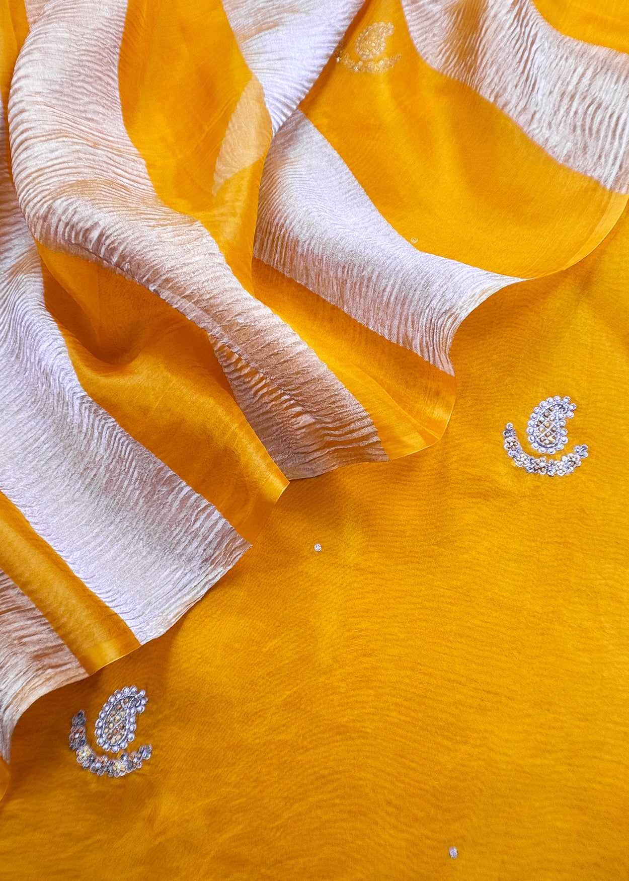 Mustard Pure Organza Kurta and Double Panel Pure Crushed Tissue Dupatta With Hand Work