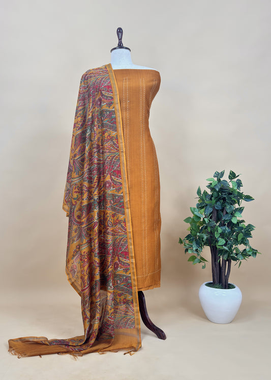 Yellow Maheshwari Silk Suit Fabric With Floral Dupatta And Kantha Stitch Hand Embroidery
