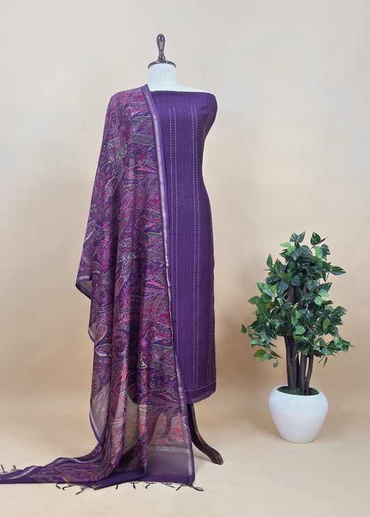 Deep Violet Maheshwari Silk Suit Fabric With Floral Dupatta And Kantha Stitch Hand Embroidery