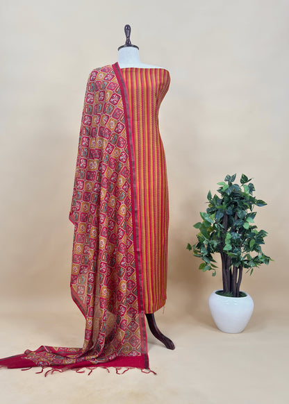 Yellow Kantha Maheshwari Silk Suit With patola Print Dupatta