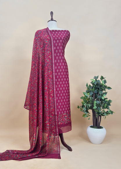 Pink Maheshwari Silk Unstitched Suit With Bandhani And Kani Print