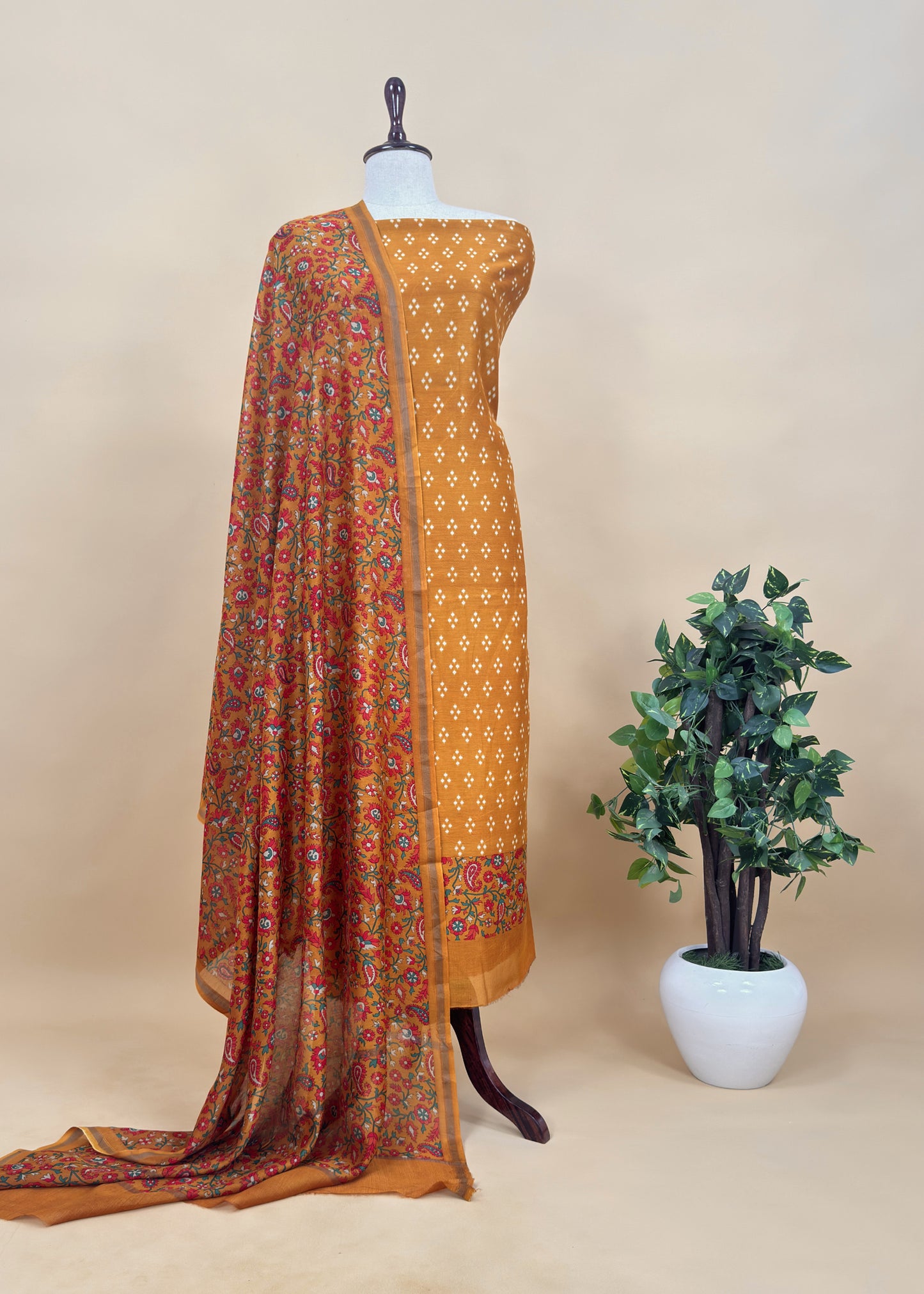 Yellow Maheshwari Silk Unstitched Suit With Bandhani And Kani Print