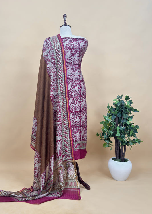 Pink With Brown Handloom Maheshwari Silk Suit With Parrot Print