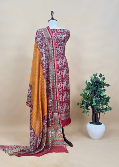 Pink With Brown Handloom Maheshwari Silk Suit With Parrot Print