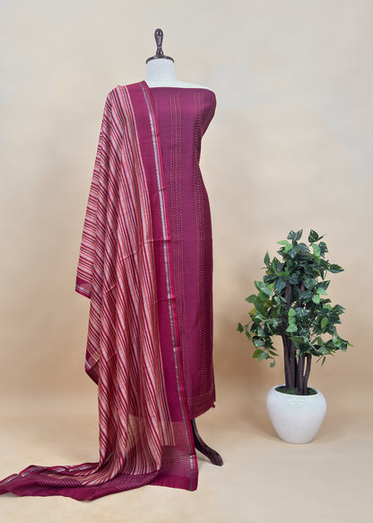 Yellow Munga Tussar Suit Fabric With Dupatta And Kantha Stitch Hand Embroidery