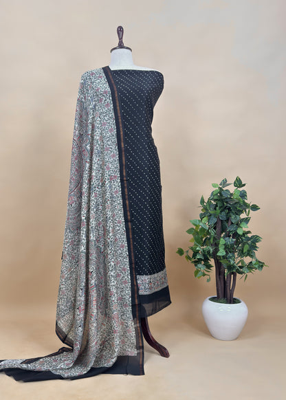 Black Bandhani Suit In Maheshwari With Madhubani Dupatta