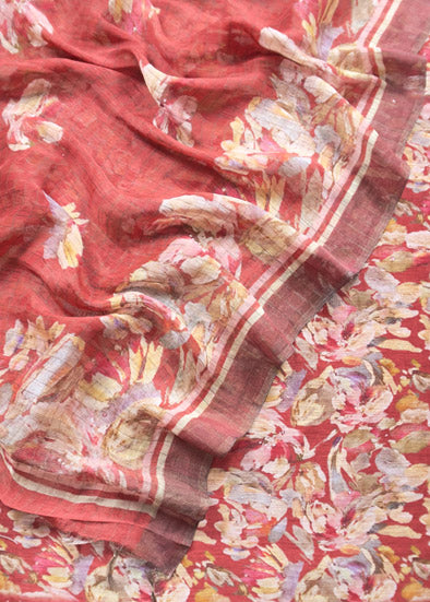 Red Handloom Linen Silk Suit With Digital Print