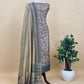 Fawn And Grey Paisley Block Print Pure Maheshwari Silk Unstitched Suit With Banarasi Bootis