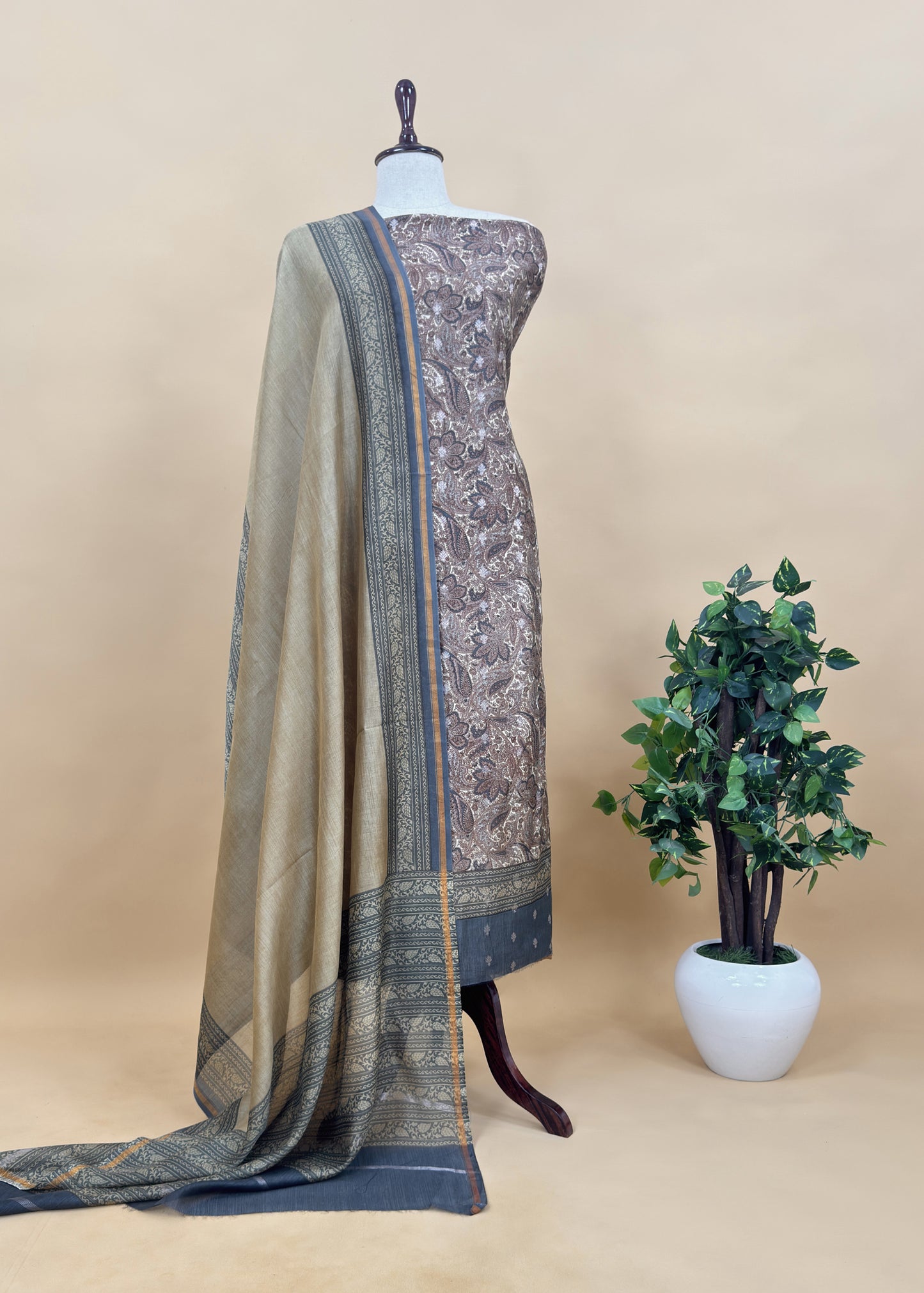 Fawn And Grey Paisley Block Print Pure Maheshwari Silk Unstitched Suit With Banarasi Bootis