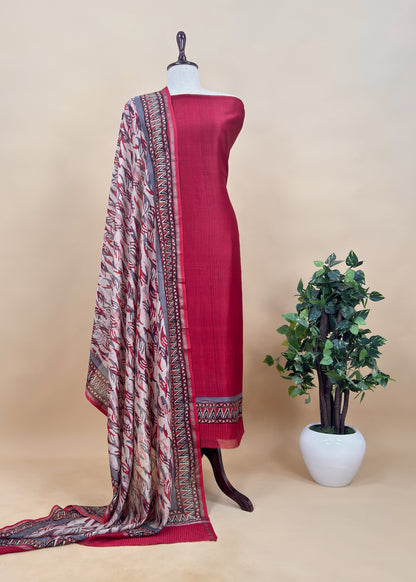 Red Pure Maheshwari Unstitched Suit With Ekkat Dupatta