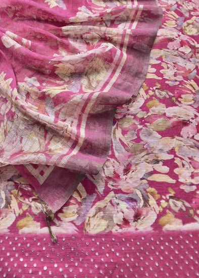Pink Handloom Linen Silk Suit With Digital Print