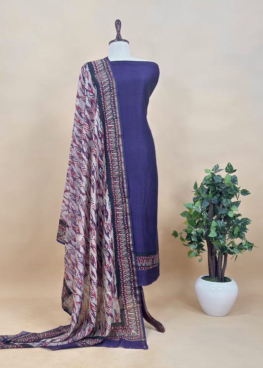 Purple Pure Maheshwari Unstitched Suit With Ekkat Dupatta
