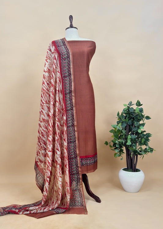 Rust Pure Maheshwari Unstitched Suit With Ekkat Dupatta