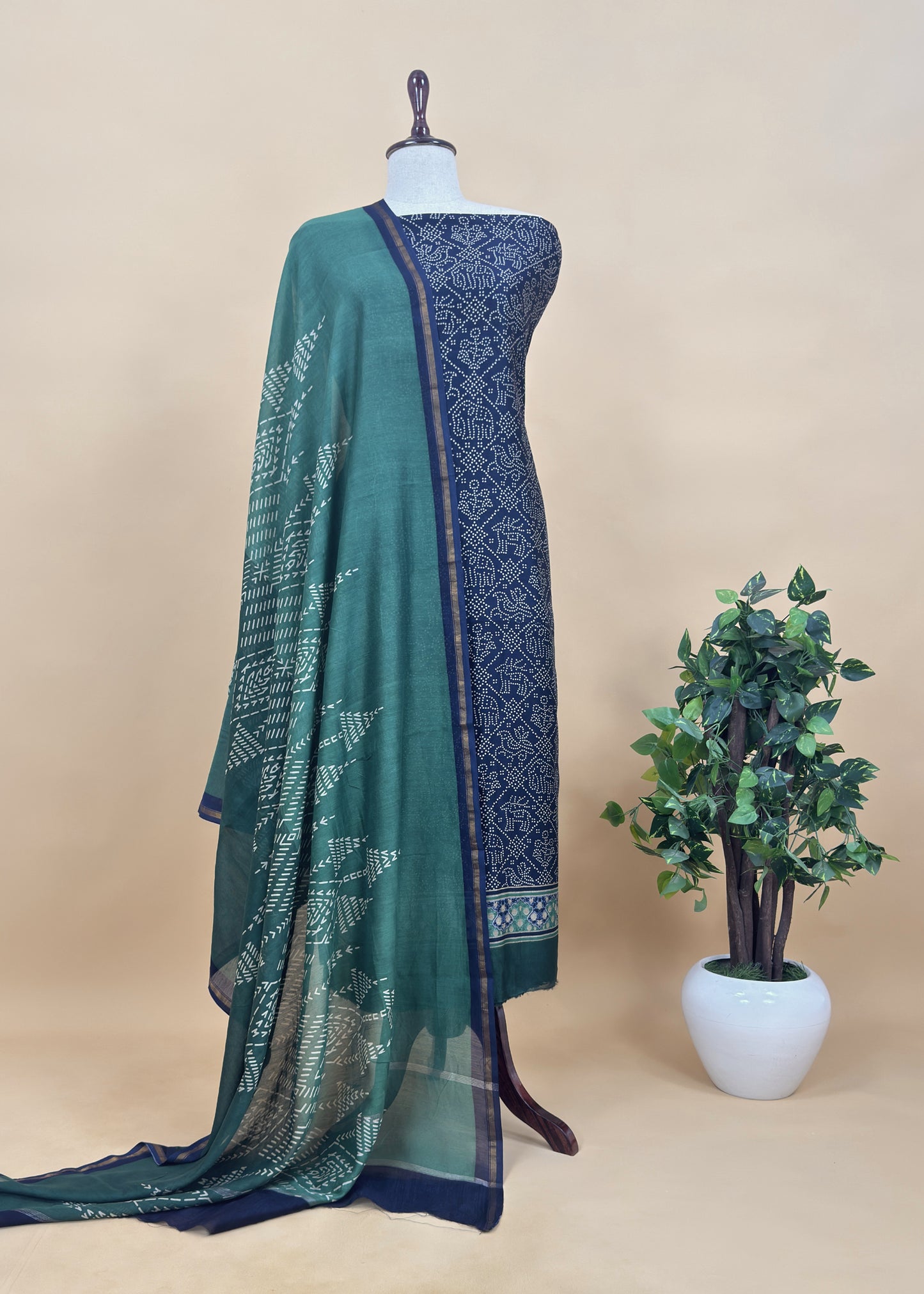 Yellow Bandhani Maheshwari Silk Suit With Block Print Dupatta