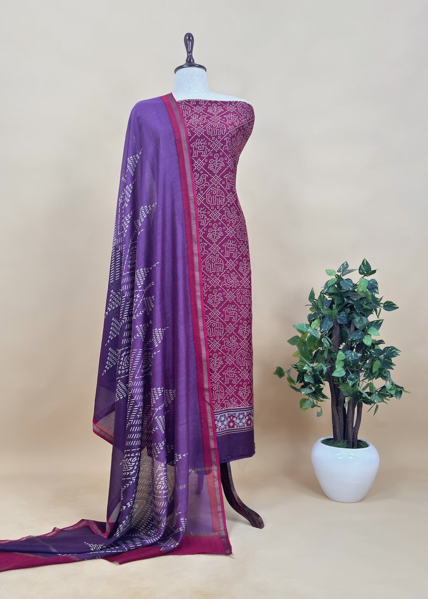 Yellow Bandhani Maheshwari Silk Suit With Block Print Dupatta