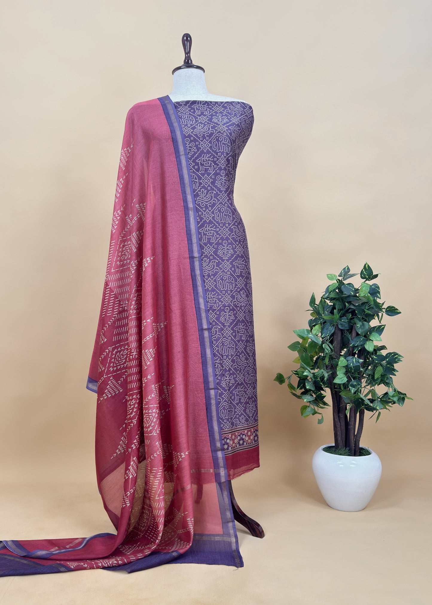 Yellow Bandhani Maheshwari Silk Suit With Block Print Dupatta