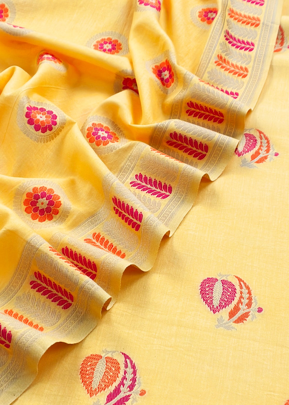 Yellow Handloom Banarasi Cotton Unstitched Suit Fabric With Meena Cutwork Weaving