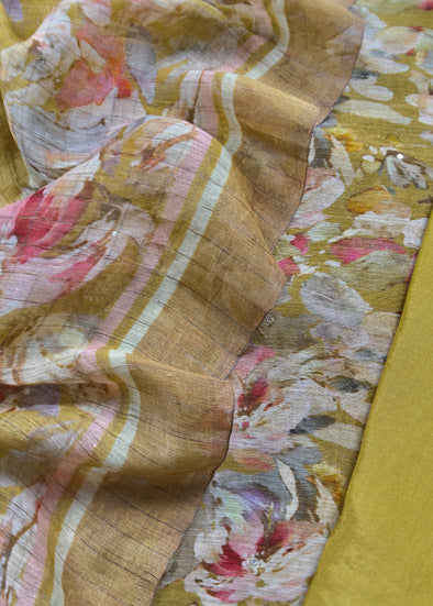 Golden Yellow Handloom Linen Silk Suit With Digital Print
