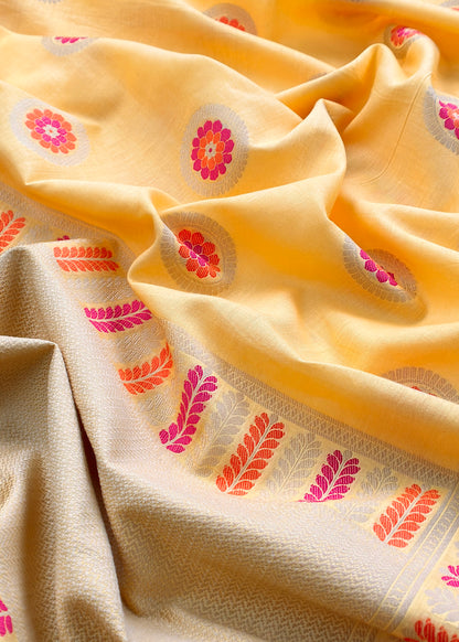 Yellow Handloom Banarasi Cotton Unstitched Suit Fabric With Meena Cutwork Weaving