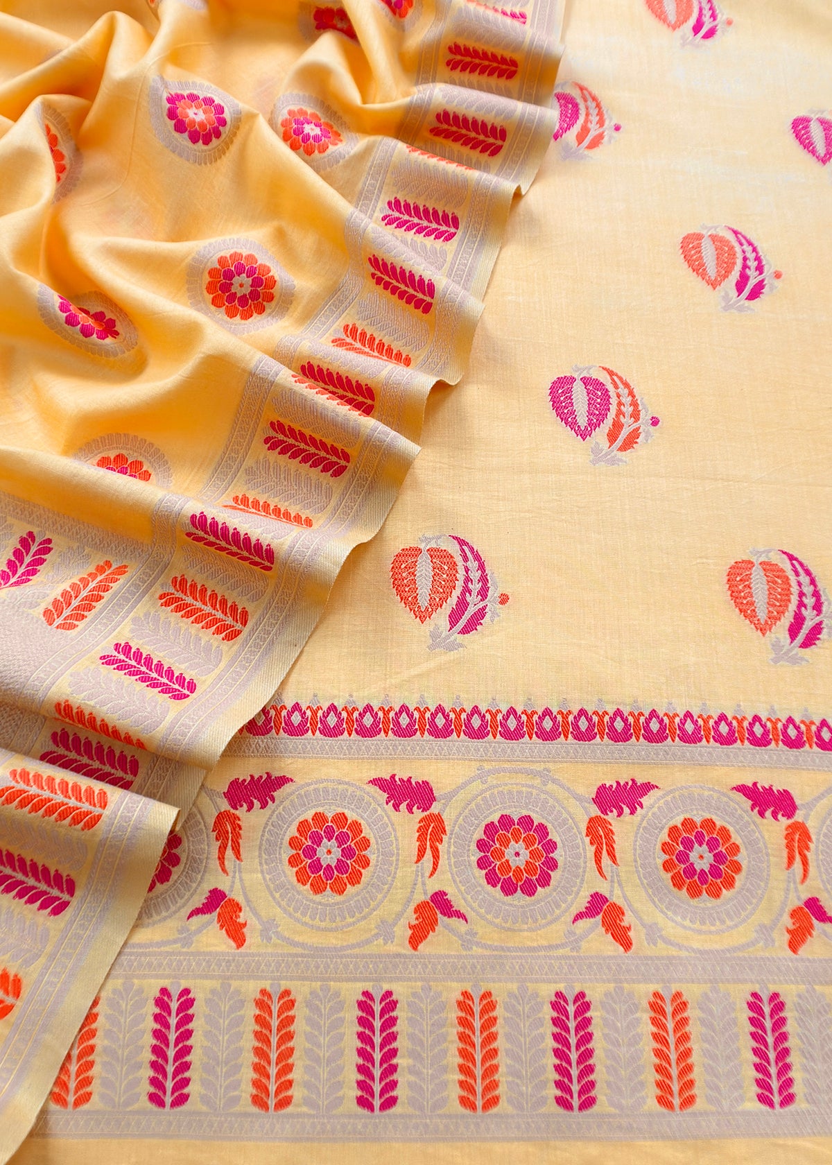 Yellow Handloom Banarasi Cotton Unstitched Suit Fabric With Meena Cutwork Weaving