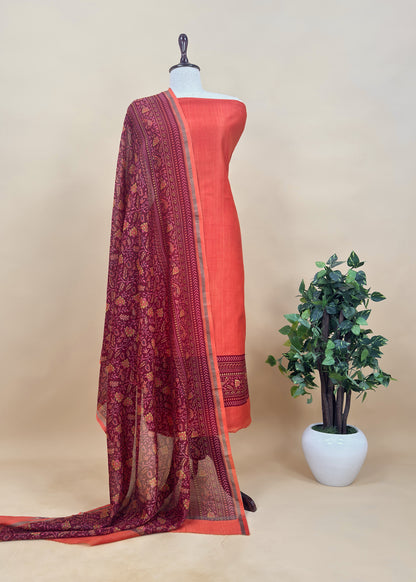 Maroon Pure Maheshwari Unstitched Suits With Kalamkari Dupatta