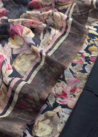 Black Handloom Linen Silk Suit With Digital Print