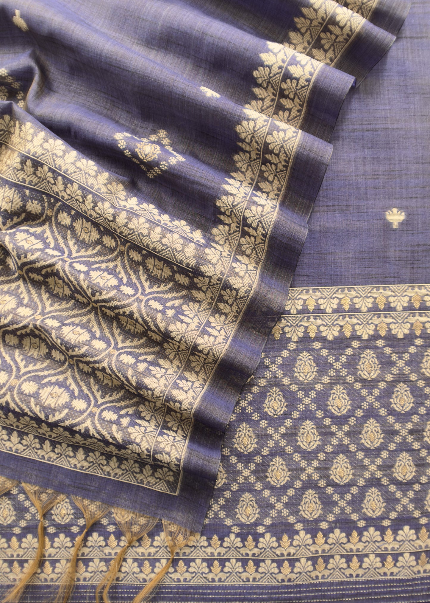 Denim Blue Chanderi Unstitched Suit With Jamdani Weaving