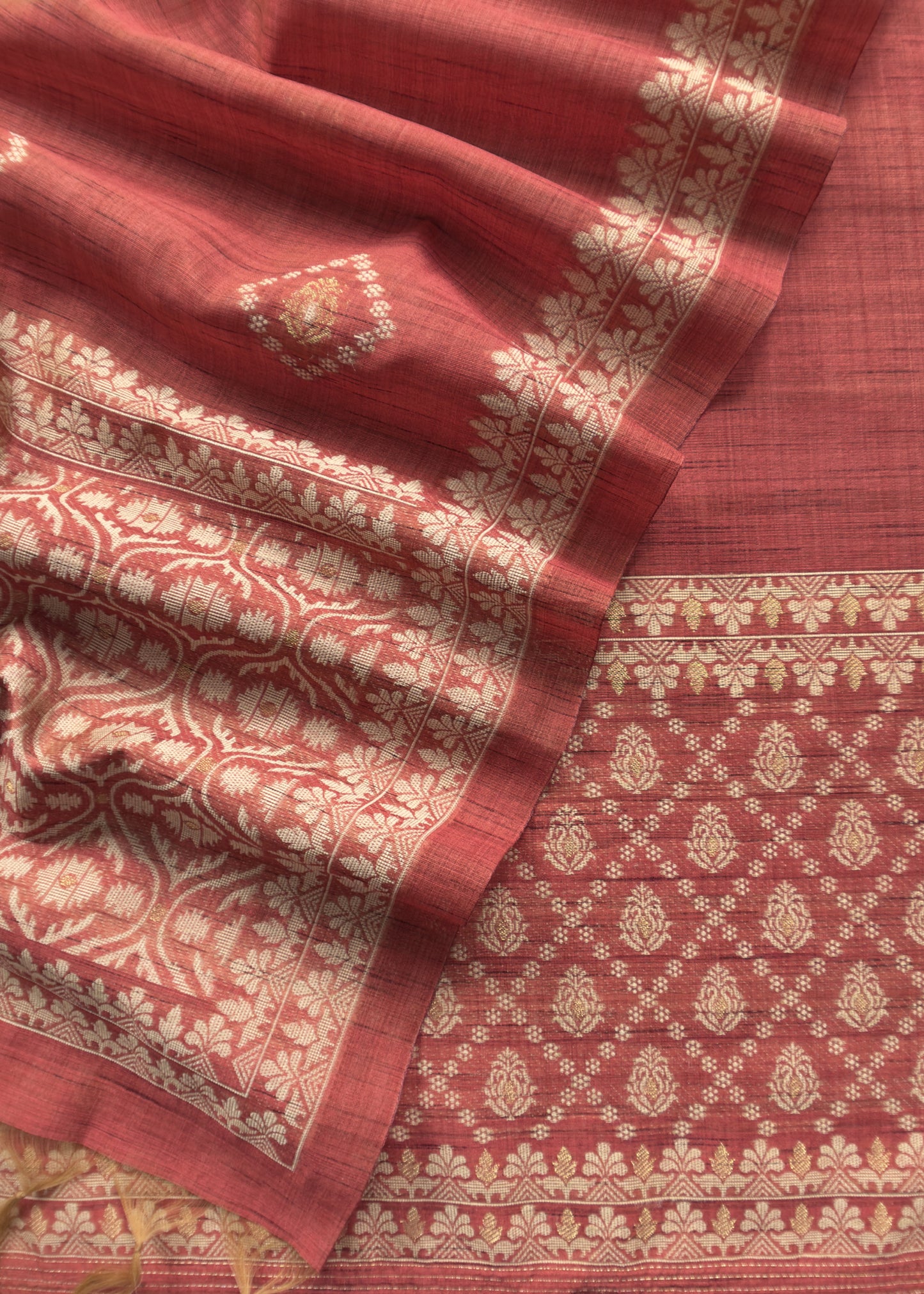 Brick Red Chanderi Unstitched Suit With Jamdani Weaving