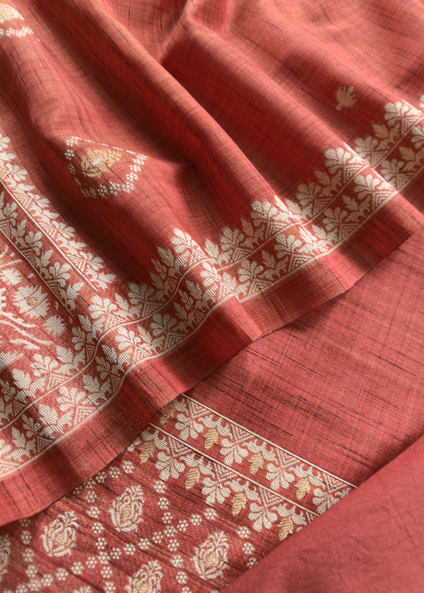 Brick Red Chanderi Unstitched Suit With Jamdani Weaving