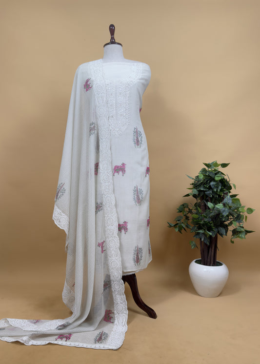 White With Pink Pure Mul Handblock Print Suit With Chikan Embroidery