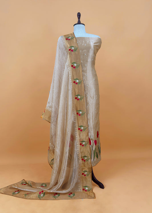 Light Yellow Handloom Tissue Silk Suit Fabric With Embroidery