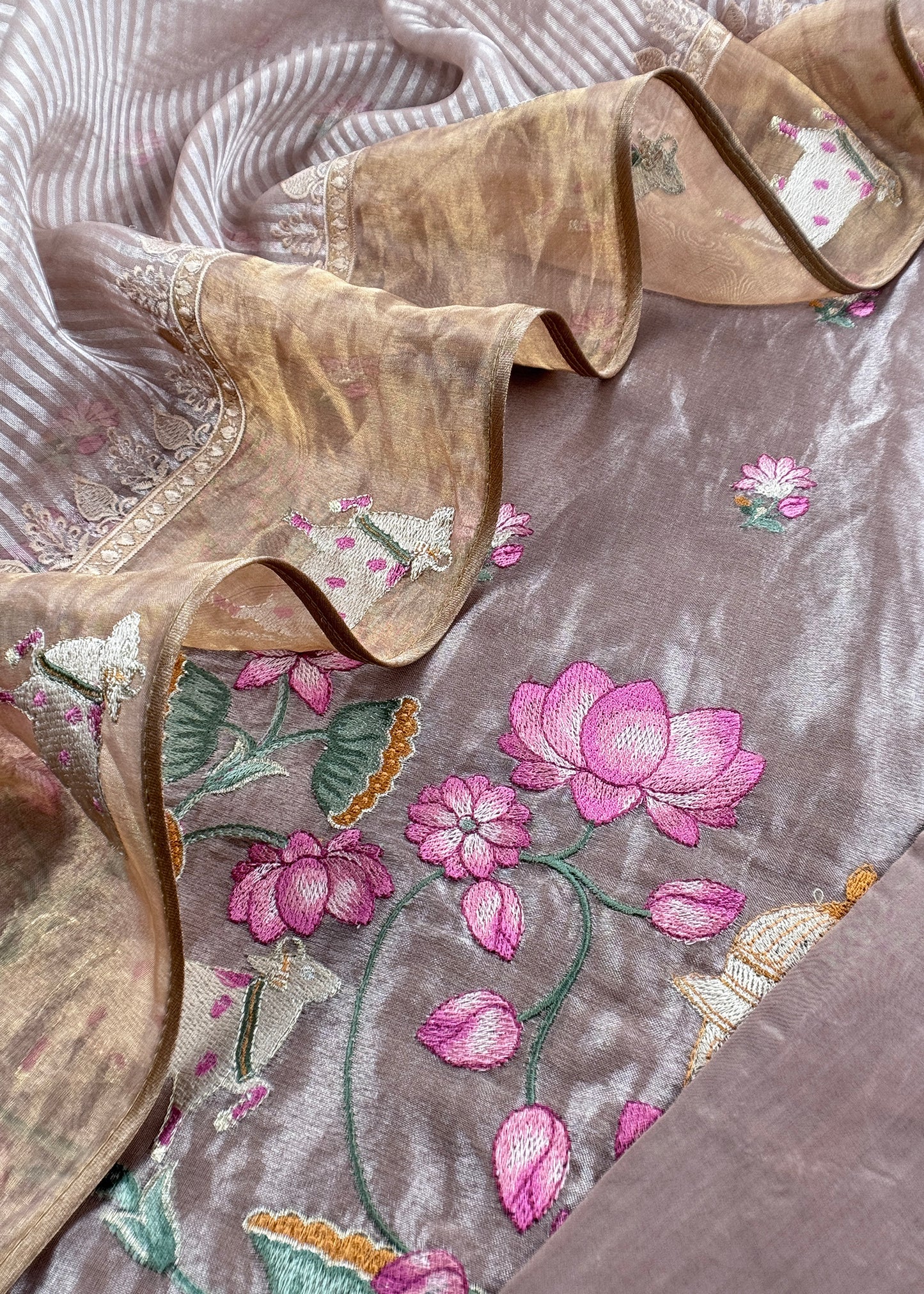 Taffy Pink Marigold Handloom Tissue Silk Suit With Gold Silver Zari And Pichwai Embroidery