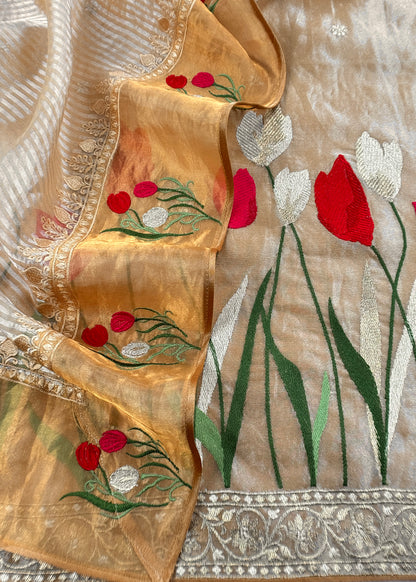Light Yellow Handloom Tissue Silk Suit Fabric With Embroidery