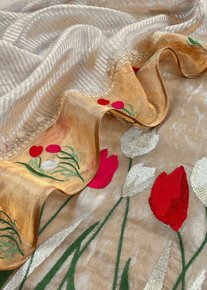Light Yellow Handloom Tissue Silk Suit Fabric With Embroidery