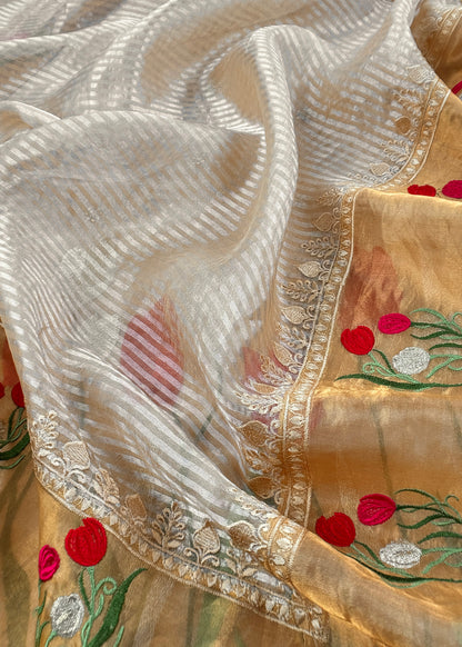 Light Yellow Handloom Tissue Silk Suit Fabric With Embroidery
