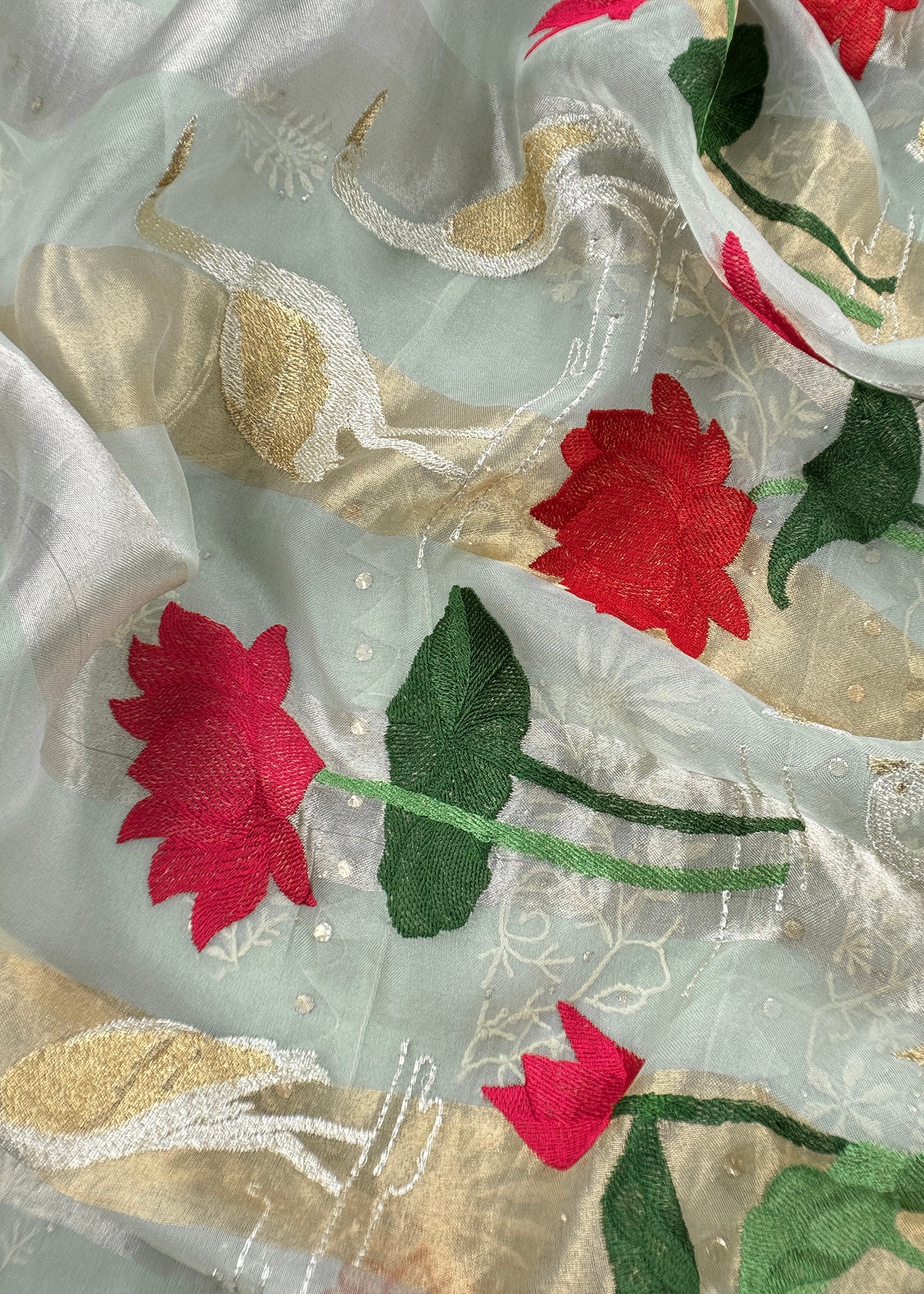 Naaz soft blue Pure Organza hand embroidered Lakhnavi kurta and Kora silk dupatta with swan resham embroidery