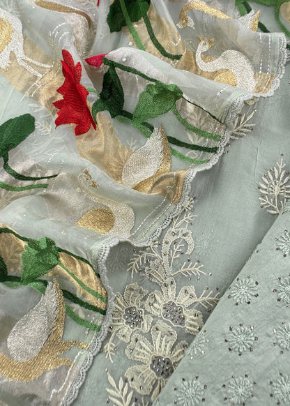 Naaz soft blue Pure Organza hand embroidered Lakhnavi kurta and Kora silk dupatta with swan resham embroidery