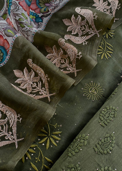Naaz green Pure Organza hand embroidered Lakhnavi kurta and Kora silk dupatta with resham embroidery