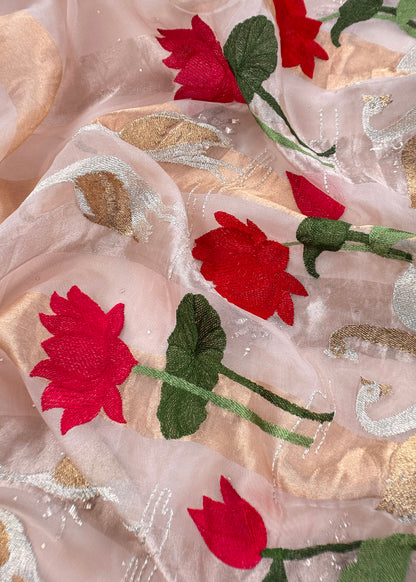 Pure Organza hand embroidered Lakhnavi kurta and Kora silk dupatta with swan resham embroidery