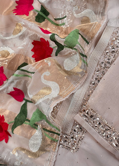 Pure Organza Hand Embroidered Lakhnavi Kurta And Kora Silk Dupatta With Swan Resham