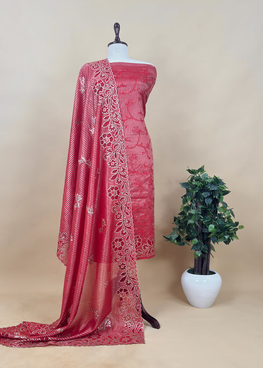 Red Gold Striped Tissue Silk Suit Fabric With Cutwork And Resham Embroidery