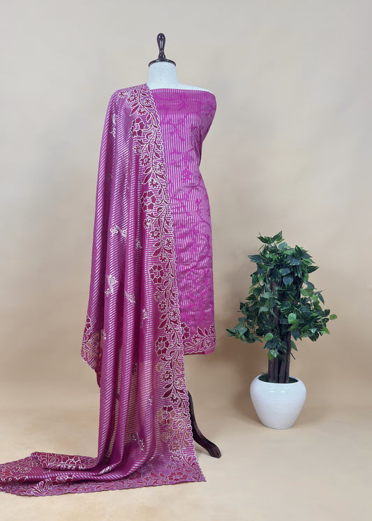 Pink Gold Striped Tissue Silk Suit Fabric With Cutwork And Resham Embroidery