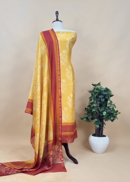 Yellow Pure Maheshwari Silk Suit With Dupatta