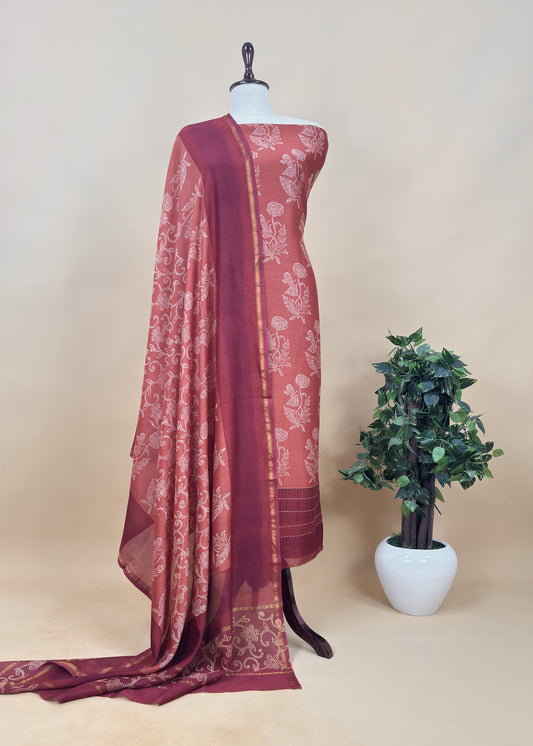 Rust Pure Maheshwari Silk Suit With Dupatta