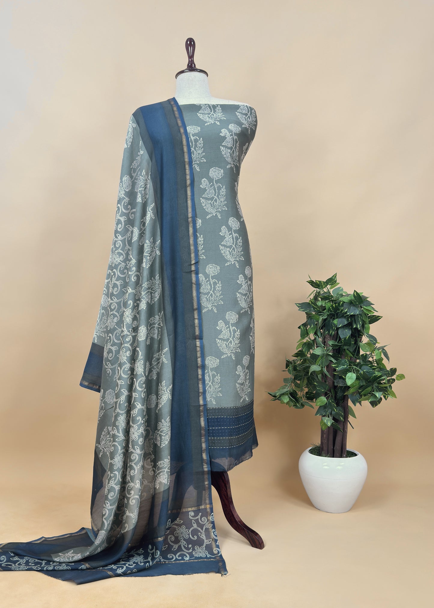 Rust Pure Maheshwari Silk Suit With Dupatta